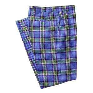 Mens 34 Plaid Pants Purple Green Wool Flat Front Straight Fit Tartan Trousers